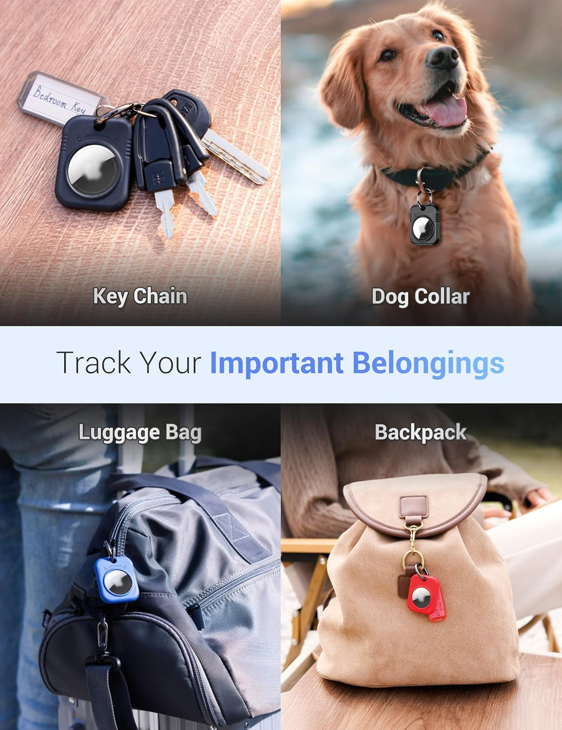 Airtag Holder Airtag Protective Case with Key Ring, Tag & Label Paper, One-Handed Operation, for Dog Collar, Car Keys, Backpack, Children'S Bag, Suitcase (Black 2Pack)