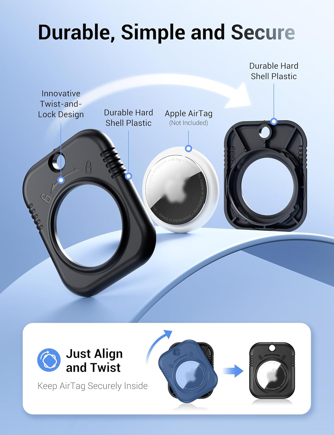 Airtag Holder Airtag Protective Case with Key Ring, Tag & Label Paper, One-Handed Operation, for Dog Collar, Car Keys, Backpack, Children'S Bag, Suitcase (Black 2Pack)