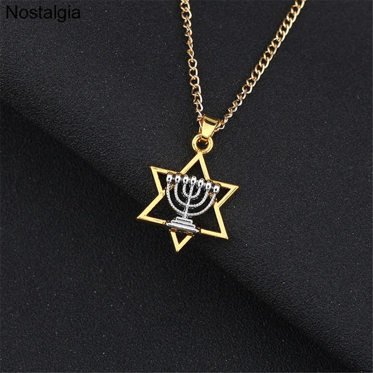 Star of David Menorah Jewish Jewelery Religious Necklace Women Hebrew Men Judaica Hebrew Israel Faith Lamp Hanukkah Pendant