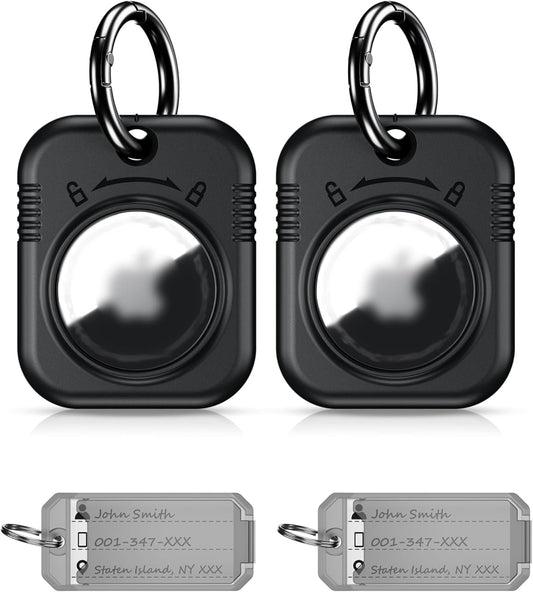 Airtag Holder Airtag Protective Case with Key Ring, Tag & Label Paper, One-Handed Operation, for Dog Collar, Car Keys, Backpack, Children'S Bag, Suitcase (Black 2Pack)